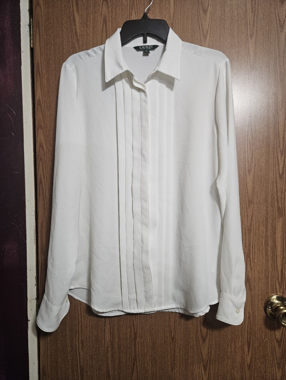 Lauren Ralph Lauren White Pleated Button Down Blouse Preppy Chic Size 10!